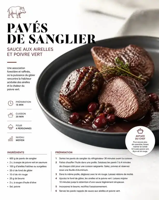 Pavés de sanglier poêlés aux airelles et poivre vert, une recette savoureuse pour cuisiner le sanglier à la poêle.