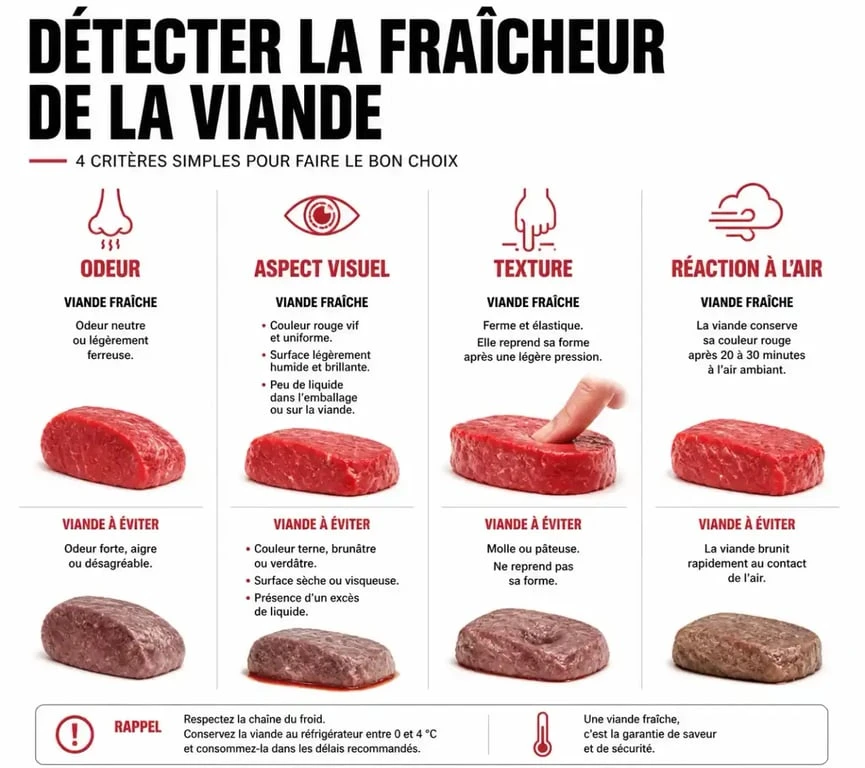 Infographie sur la détection d'une viande qui sent fort à la cuisson et signes de fraîcheur