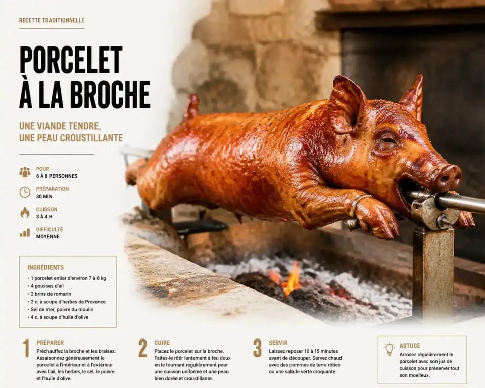 Porcelet à la broche doré et croustillant prêt à être servi