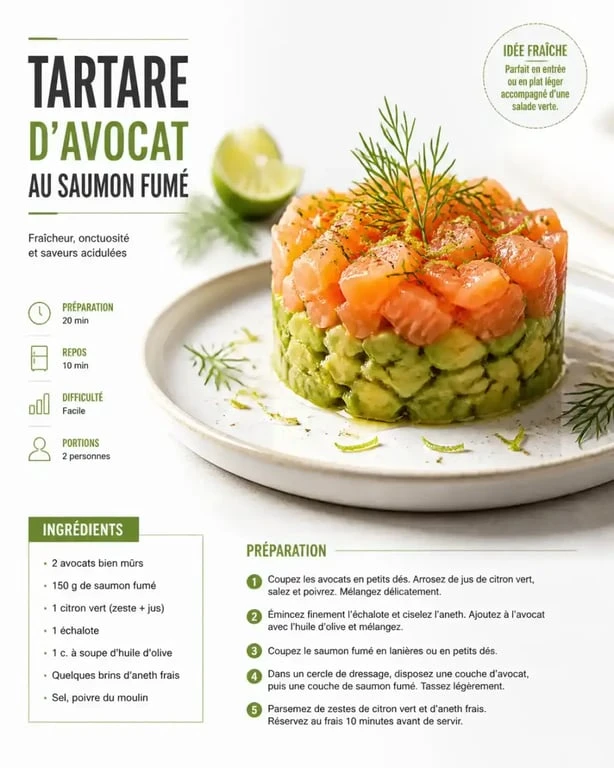 Tartare d'avocat au saumon fumé, une idée d'entrée à l'avocat chic et rafraîchissante.