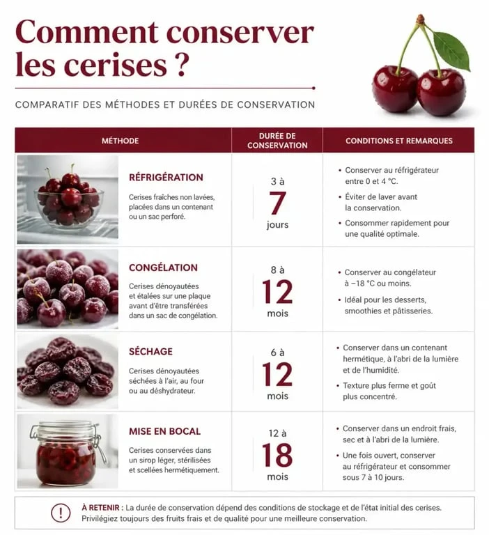 Infographie comparative des méthodes de conservation des cerises pour prolonger leur fraîcheur
