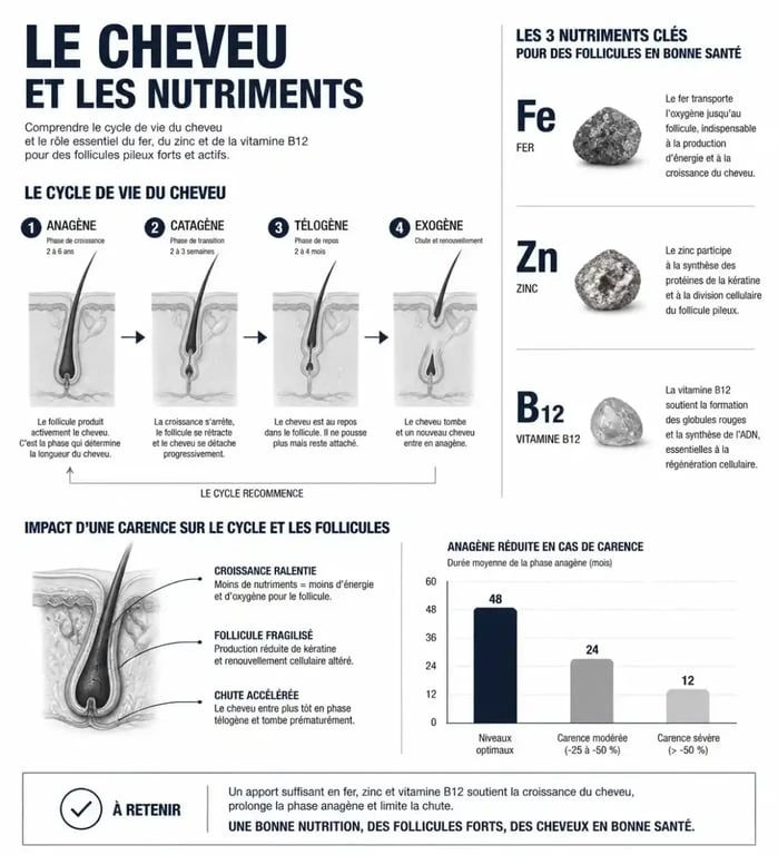 Infographie sur les bienfaits du boudin noir pour la santé des cheveux et le rôle du fer et du zinc
