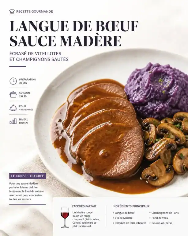 Langue de bœuf sauce Madère et son écrasé de vitelotte, un accompagnement pour langue de bœuf raffiné.