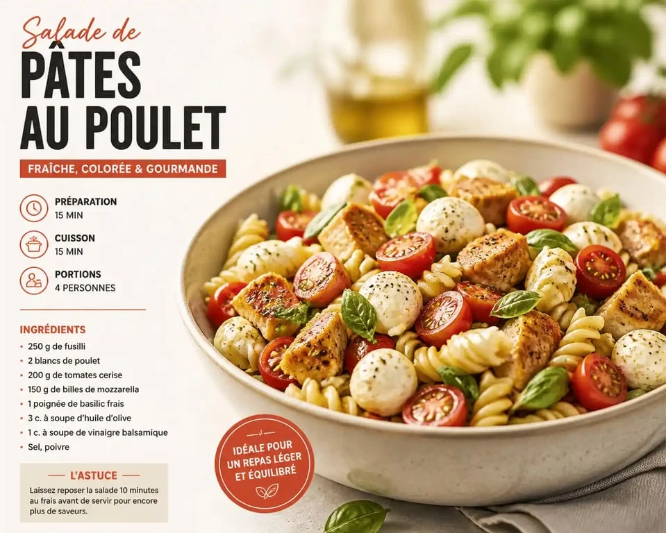 Salade de pâtes au poulet avec pesto, tomates cerise et mozzarella, prête à être dégustée.