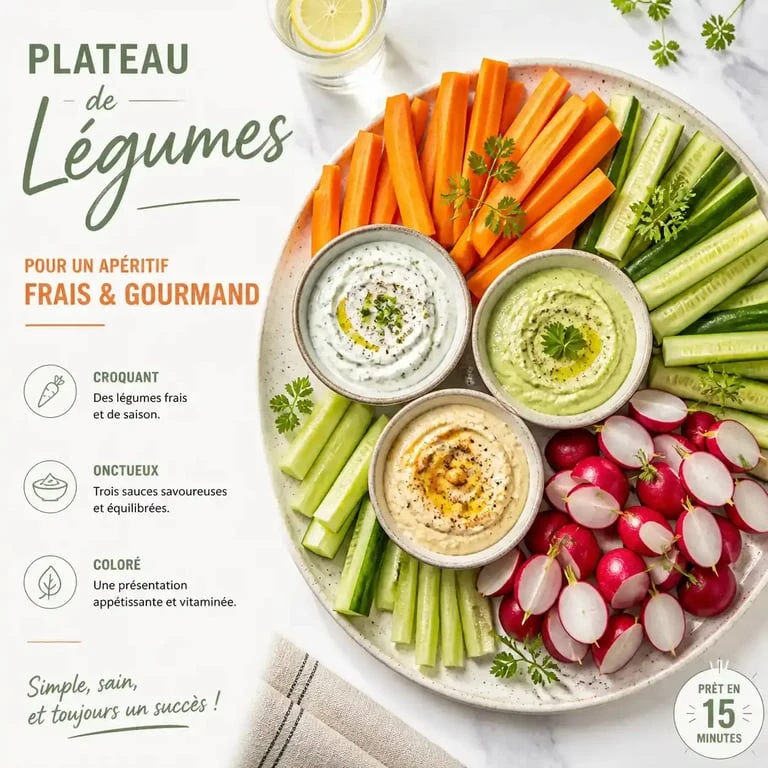 Plateau de crudités avec différentes sauces pour apéro maison