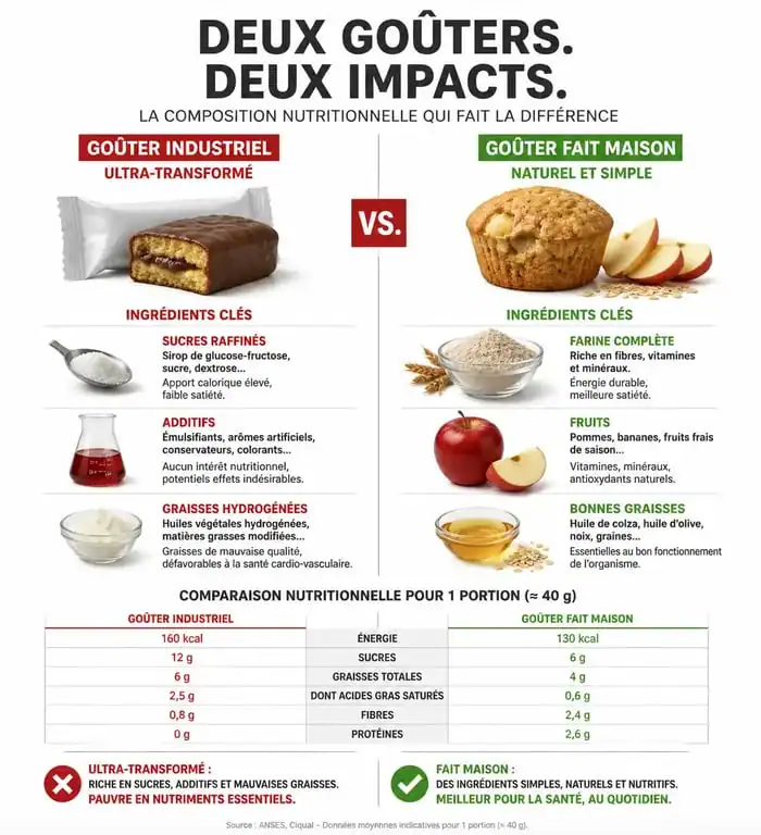 Comparaison nutritionnelle entre un goûter industriel et un goûter fait maison pour une alimentation saine