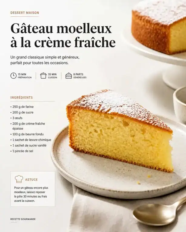Gâteau moelleux à la crème fraîche, dessert rapide et gourmand