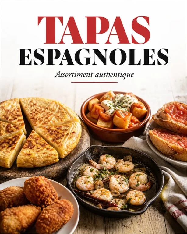Assortiment de tapas espagnoles maison : tortilla, patatas bravas et croquetas pour une recette de tapas espagnol réussie.