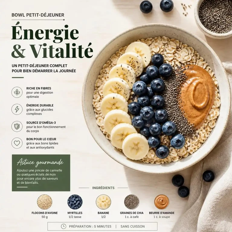 Bowl petit déjeuner sain et gourmand avec fruits et oléagineux