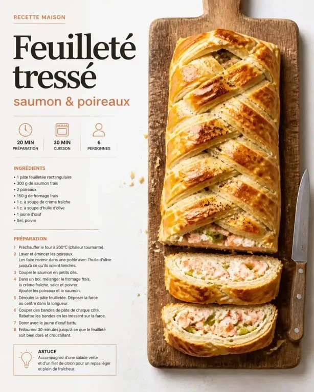 Recette feuilleté salé au saumon et poireaux, doré et croustillant