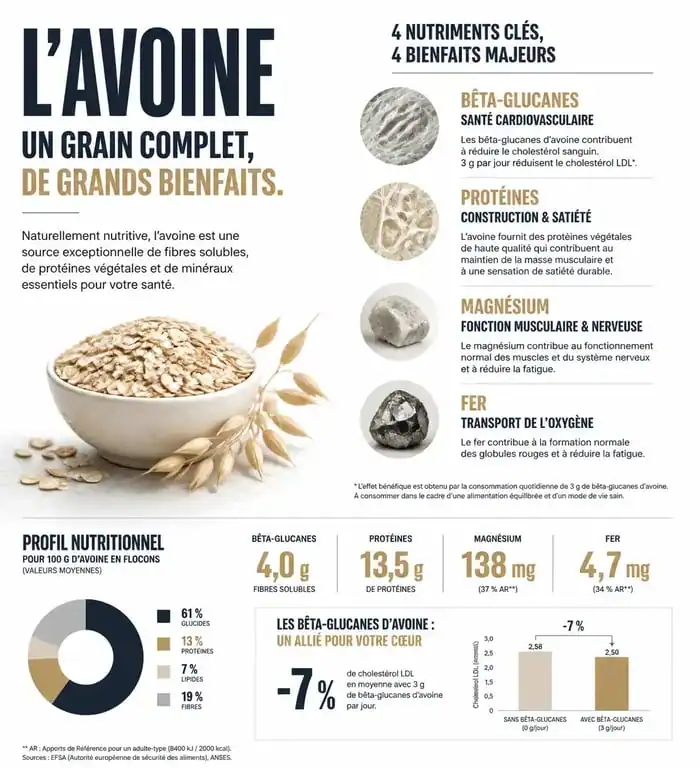 Infographie des bienfaits nutritionnels de la pâte d'avoine et ses apports en fibres et protéines