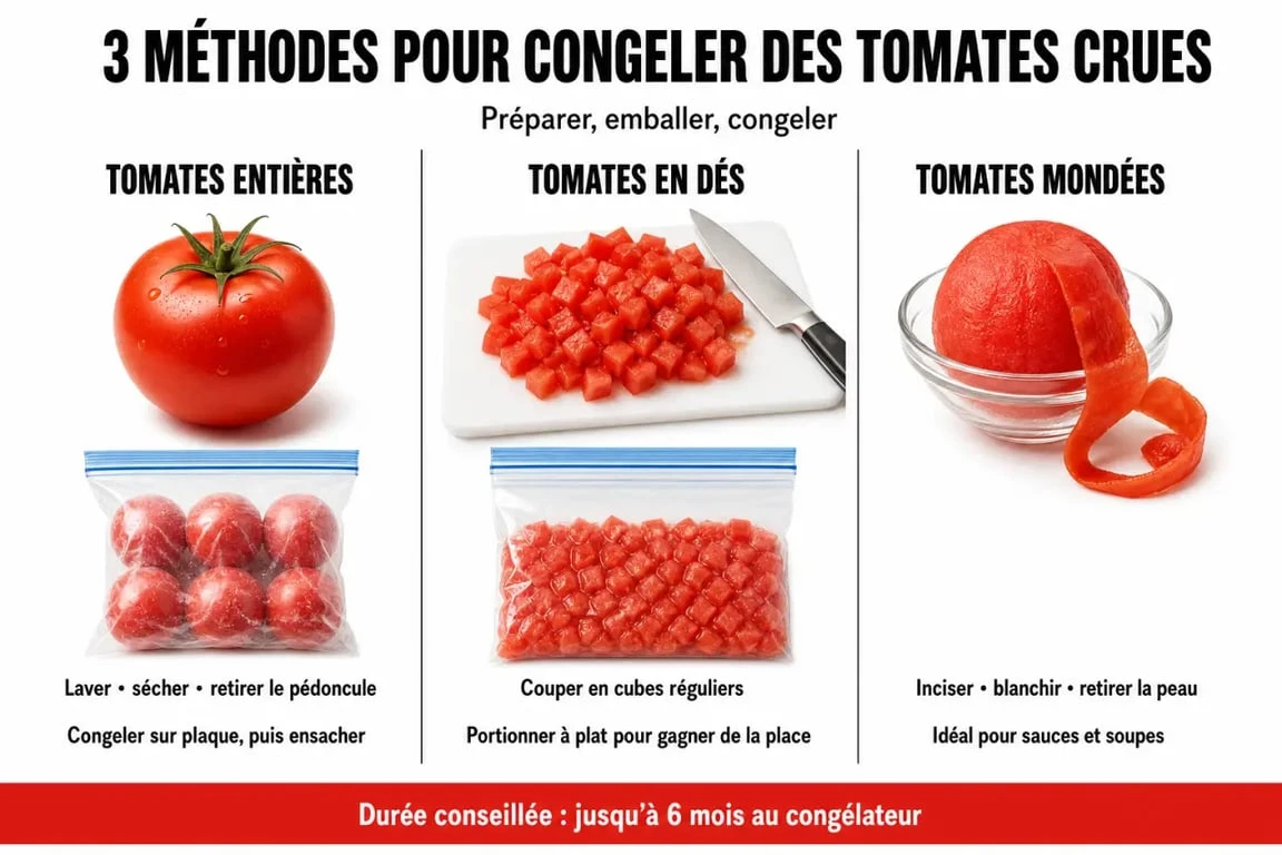 Infographie des trois méthodes de congélation de la tomate crue : entière, en dés ou mondée