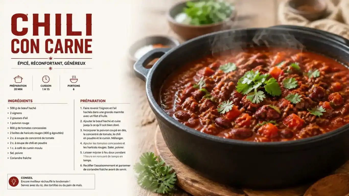 Plat de chili con carne généreux préparé pour un repas pour 30 personnes