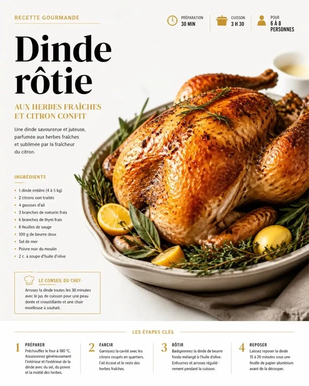 Meilleure recette de dinde au four dorée et juteuse sur un plat de service