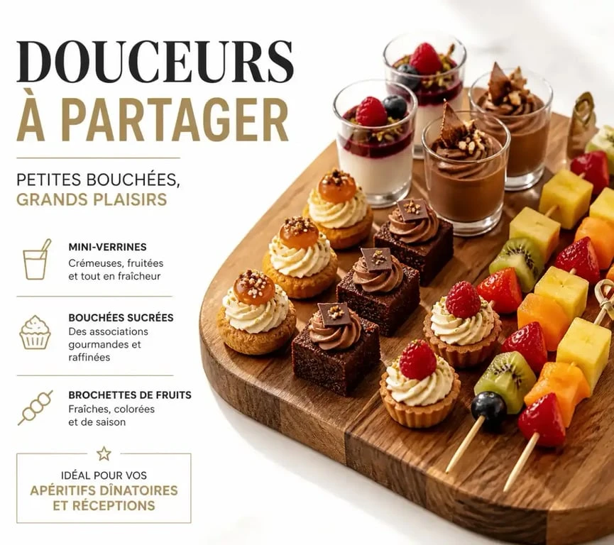 Assortiment de desserts pour apéro dînatoire présentés sur un plateau