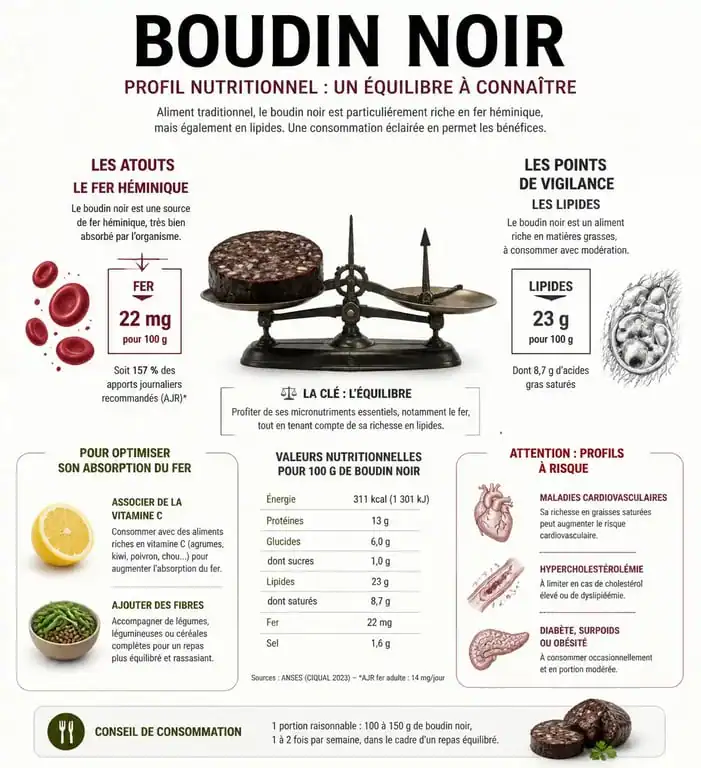 Infographie sur les effets secondaires et les bienfaits nutritionnels du boudin noir pour la santé