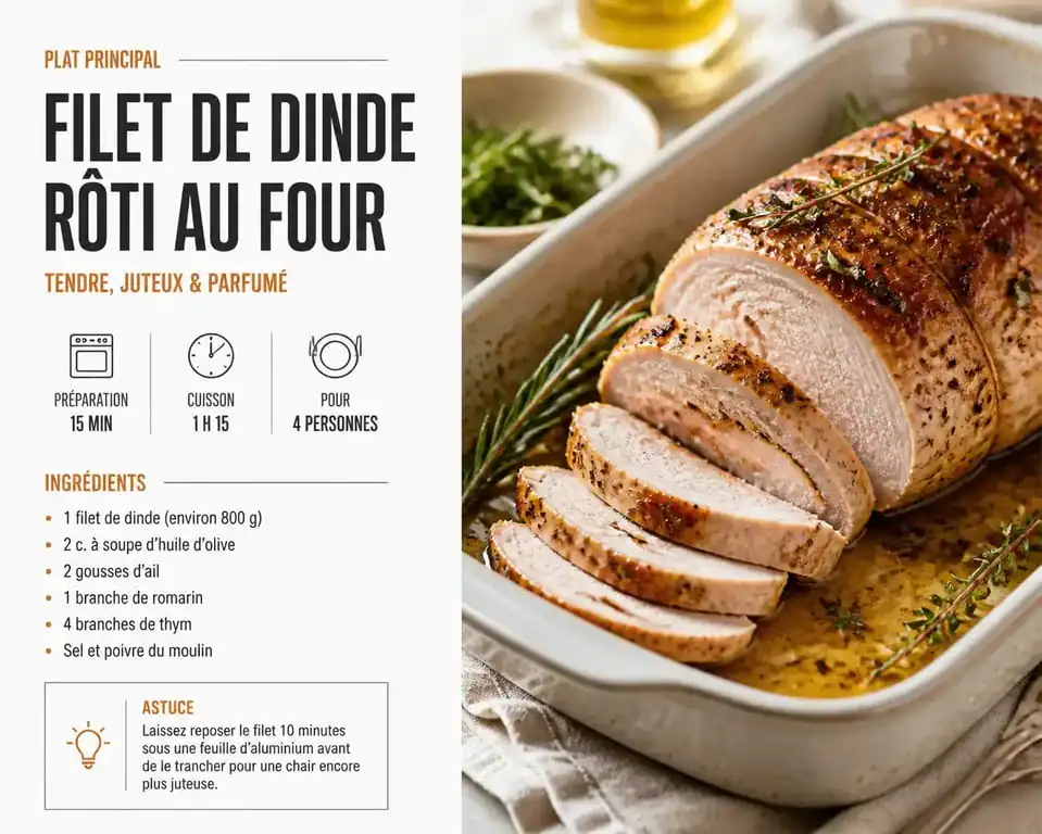 Filet de dinde au four moelleux et doré dans un plat de service