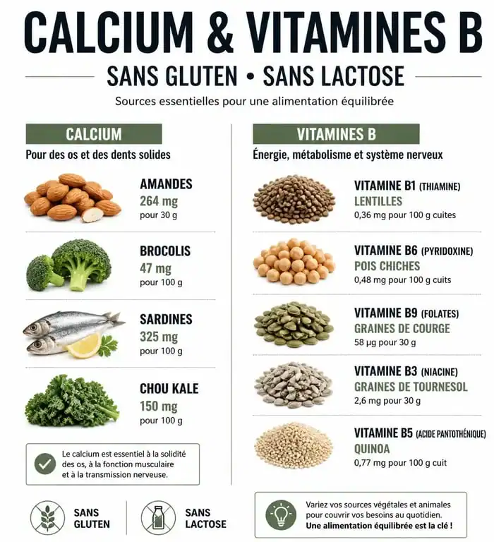 Infographie des sources de calcium et vitamines B pour une alimentation sans gluten sans lactose