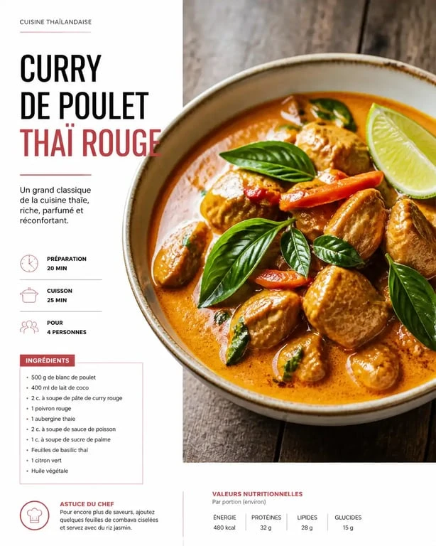 Recette de curry de poulet thaï rouge avec pâte de curry, basilic frais et lait de coco dans un bol