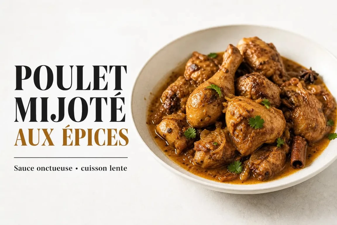 Plat à base de poulet mijoté aux épices servi dans une assiette élégante
