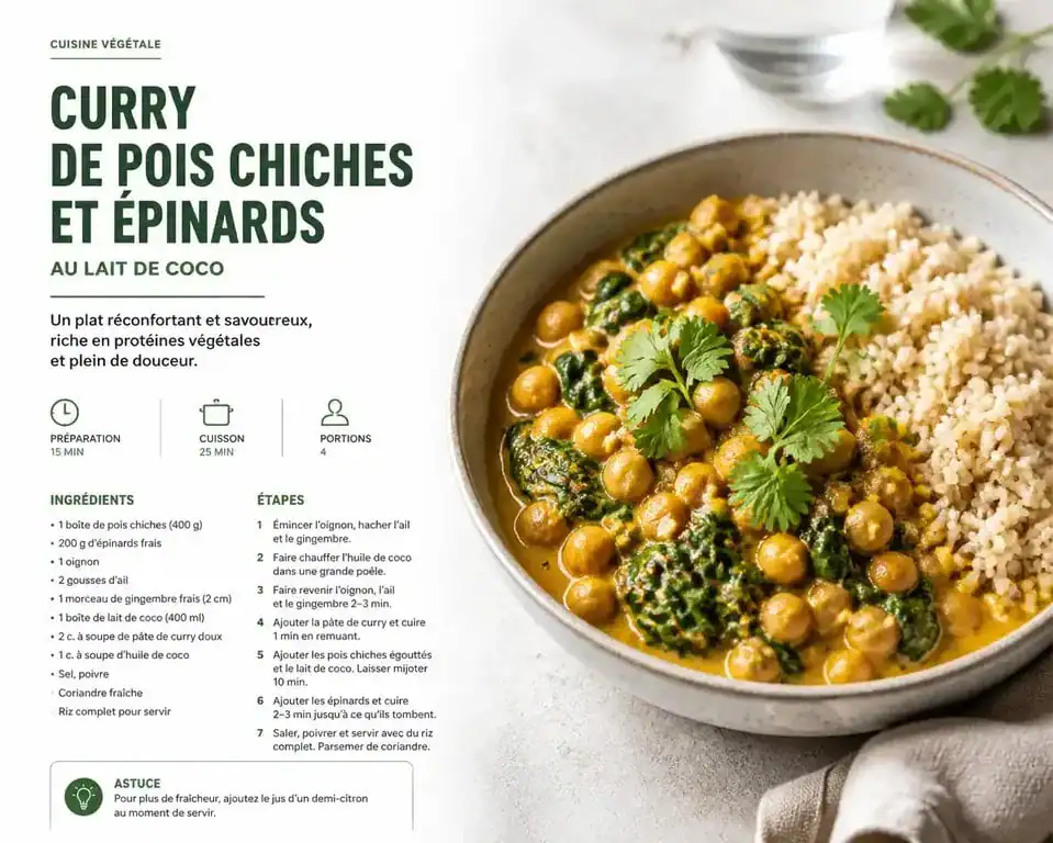 Curry de pois chiches et épinards, un repas riche en proteine végétal sain et équilibré