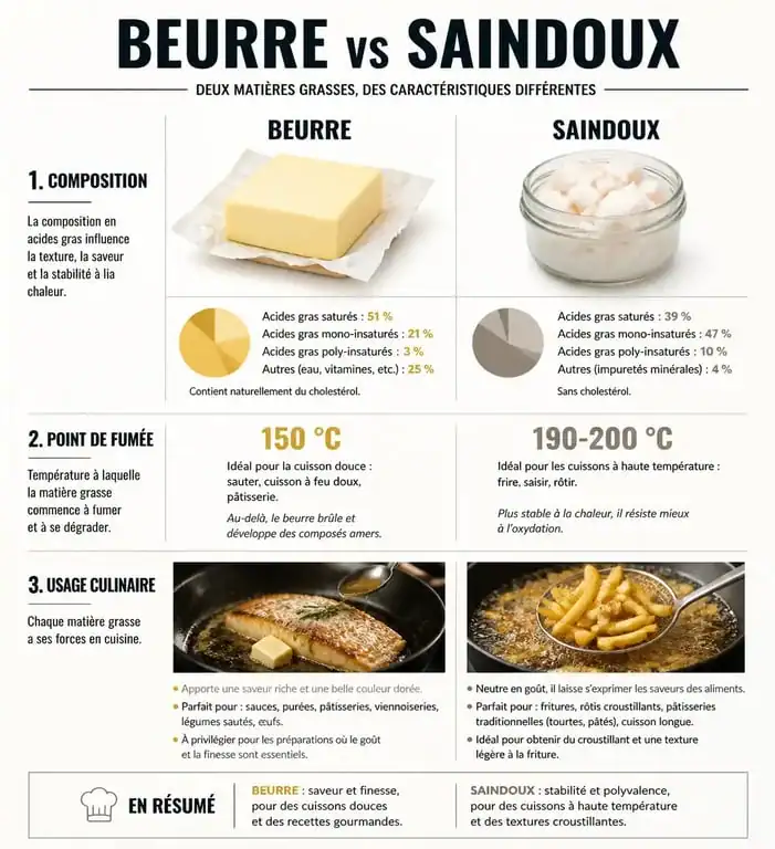 Comparatif beurre et saindoux : composition, point de fumée et usages culinaires