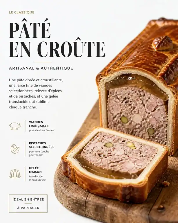Pâté en croûte artisanal tranché, exemple de pâté en croûte origine et savoir-faire charcutier