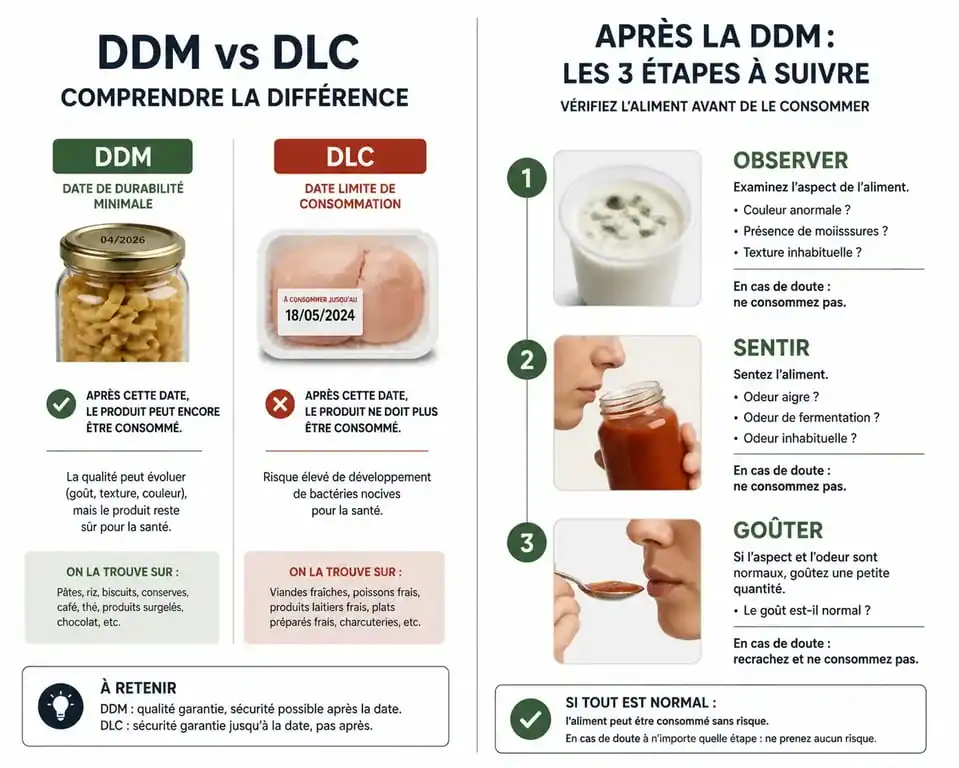 Infographie explicative sur la différence entre DDM et DLC et comment consommer de préférence après la date