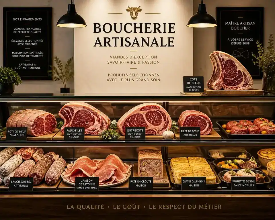 Vitrine d'une boucherie artisanale de qualité à Saint-Julien-en-Genevois proposant des viandes sélectionnées