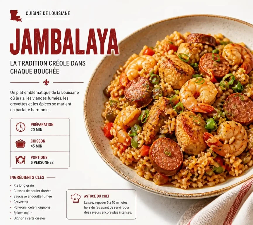 Vrai jambalaya traditionnel de Louisiane servi dans une assiette.