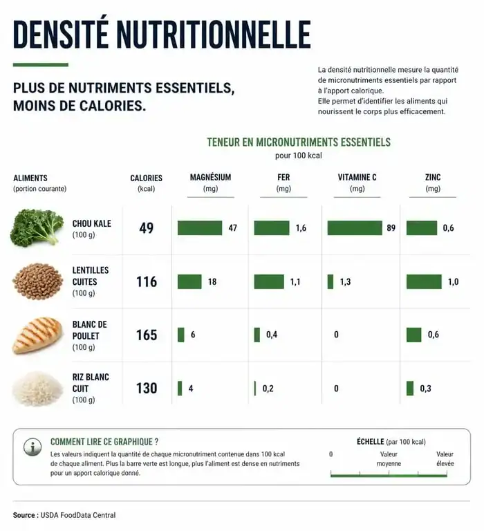 Infographie sur la densité nutritionnelle des aliments riches en nutriments et leurs bienfaits pour la santé