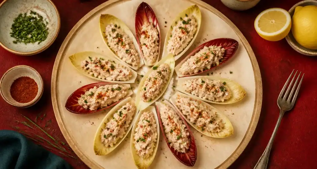 Feuilles d'endives garnies pour apéro : rillettes de thon, croquant