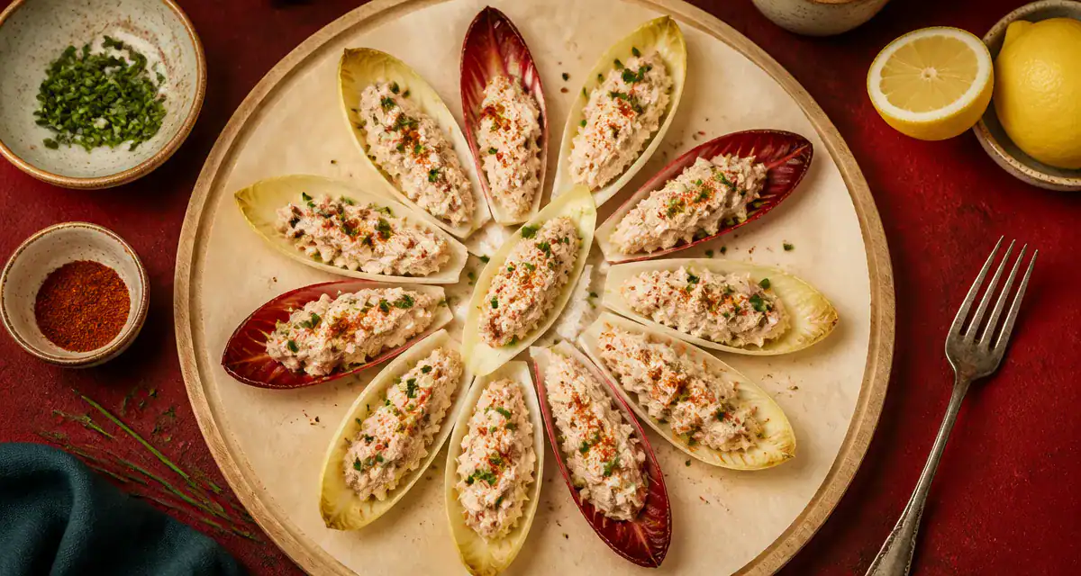 Feuilles d'endives garnies pour apéro : rillettes de thon, croquant