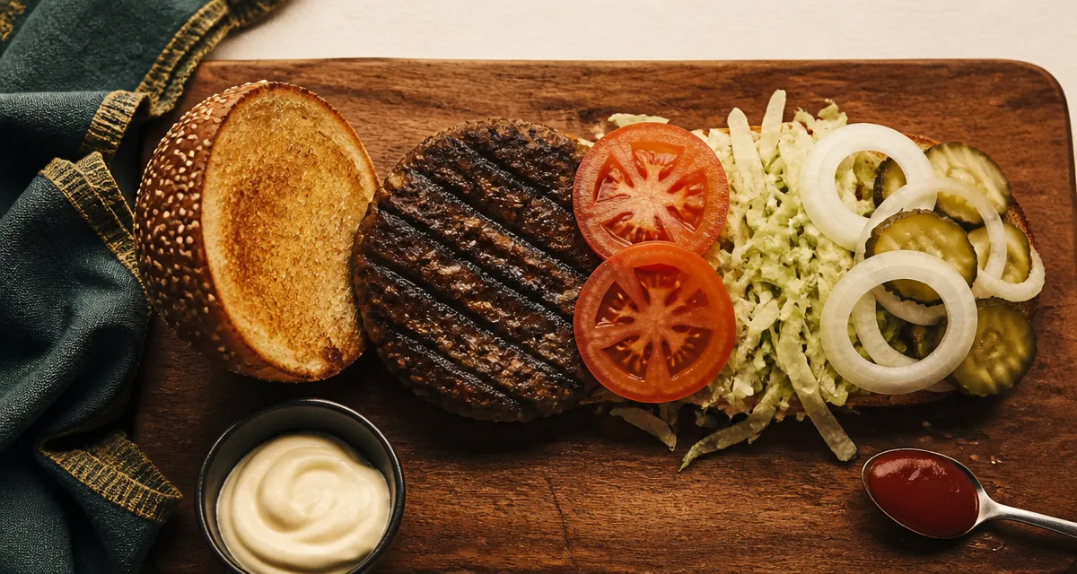 Hamburger whopper avec steak grillé, salade, tomates et cornichons