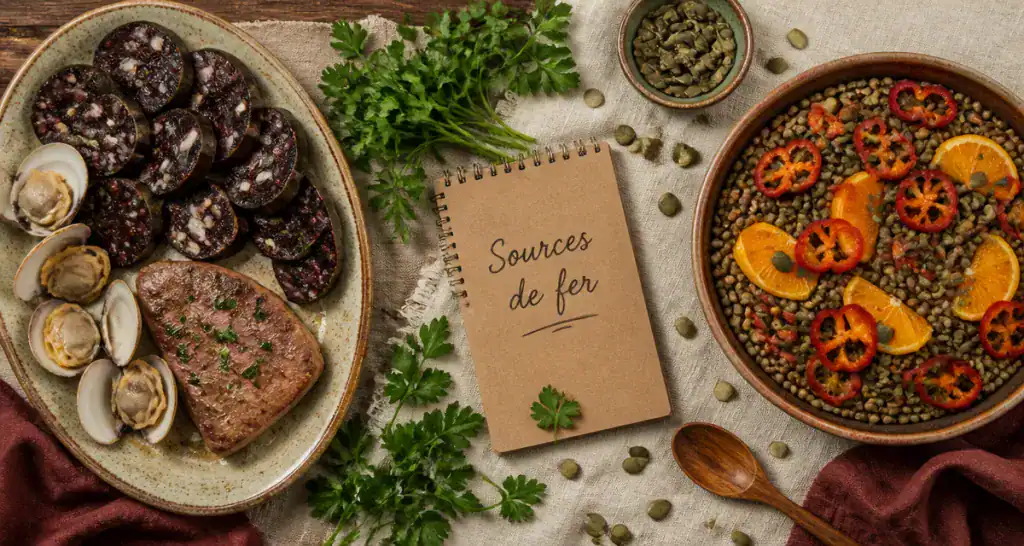 liste d aliments riche en fer sur table