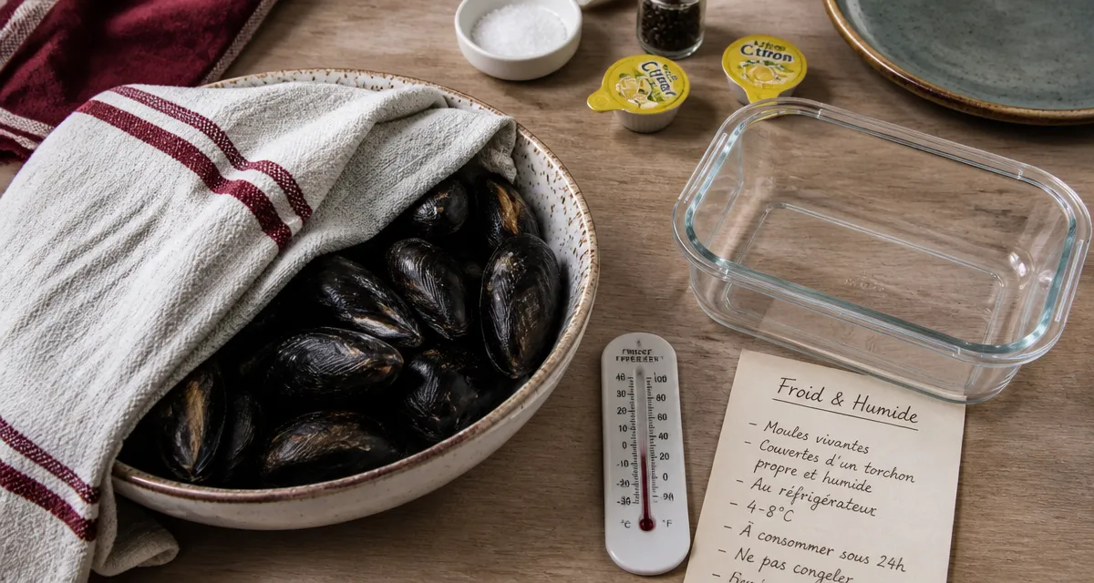 Moules conservation 48h au frais, torchon humide et thermomètre