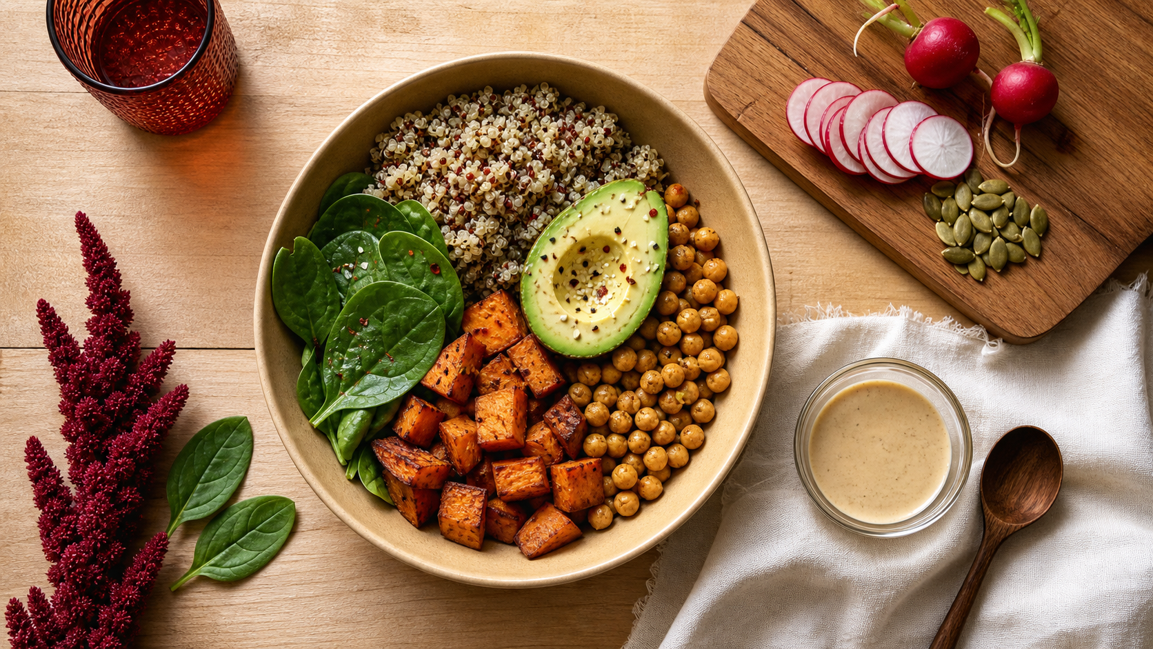 Nourriture healthy : Buddha bowl équilibré, quinoa, patate douce, pois chiches