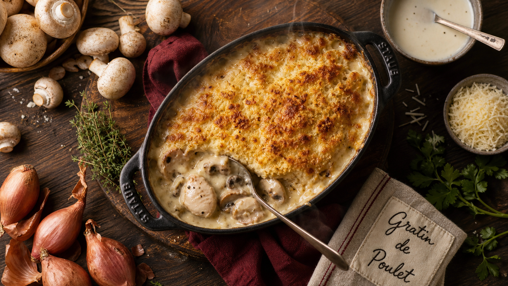 Plat a base de poulet : gratin de poulet aux champignons en cocotte fumante
