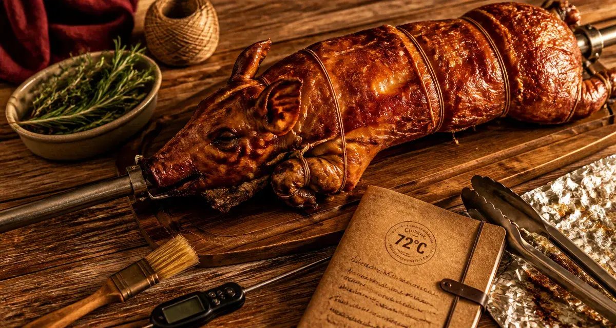 Porcelet a la broche, couenne dorée et croustillante pour 20 convives
