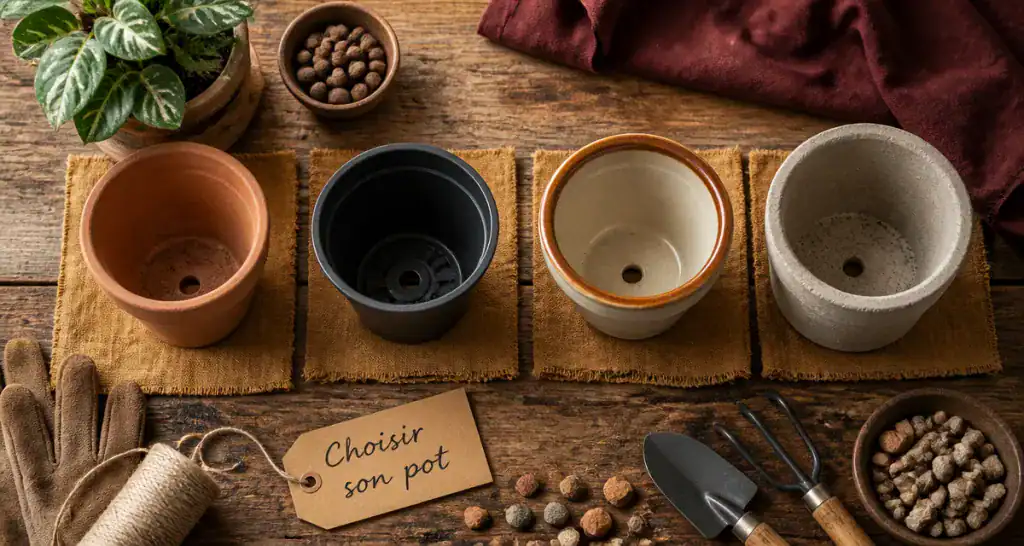 pots de fleurs vides en différents matériaux sur table