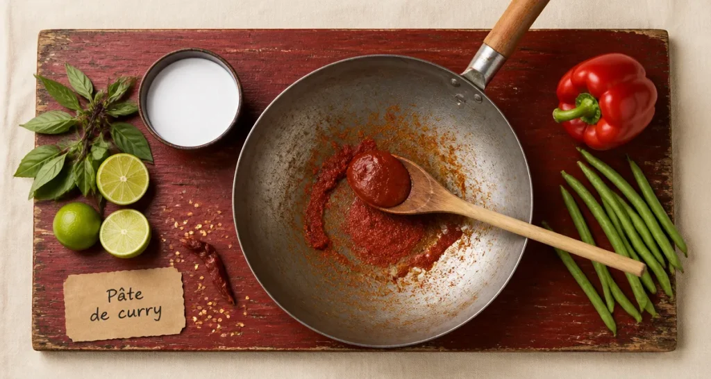 Recette avec pate de curry : pâte rouge, lait de coco et wok