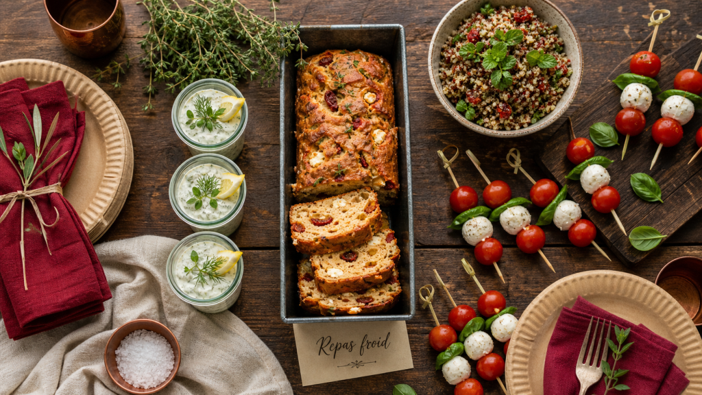 Repas froid entre amis : buffet facile, cake feta, verrines et quinoa