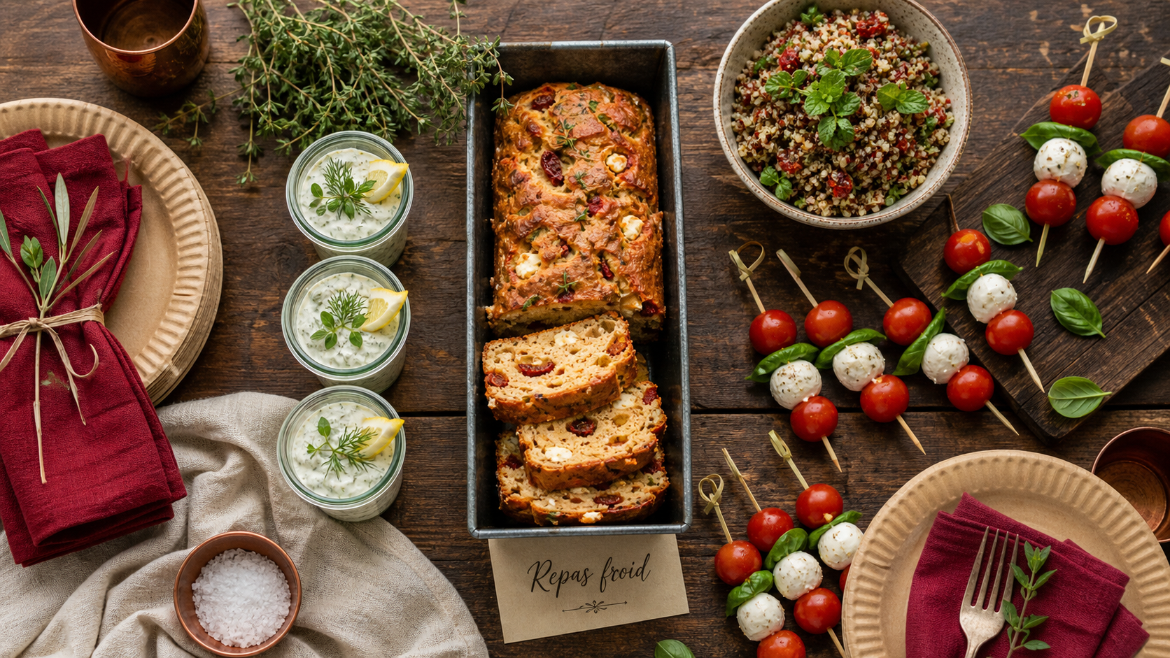 Repas froid entre amis : buffet facile, cake feta, verrines et quinoa