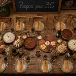 repas pour 30 personnes table dressée plats généreux