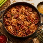 Vrai jambalaya de Louisiane : riz, crevettes et saucisse en cocotte