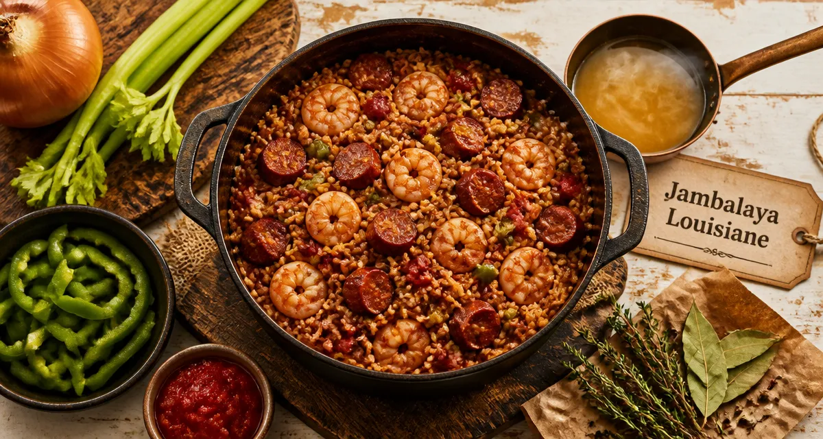 Vrai jambalaya de Louisiane : riz, crevettes et saucisse en cocotte