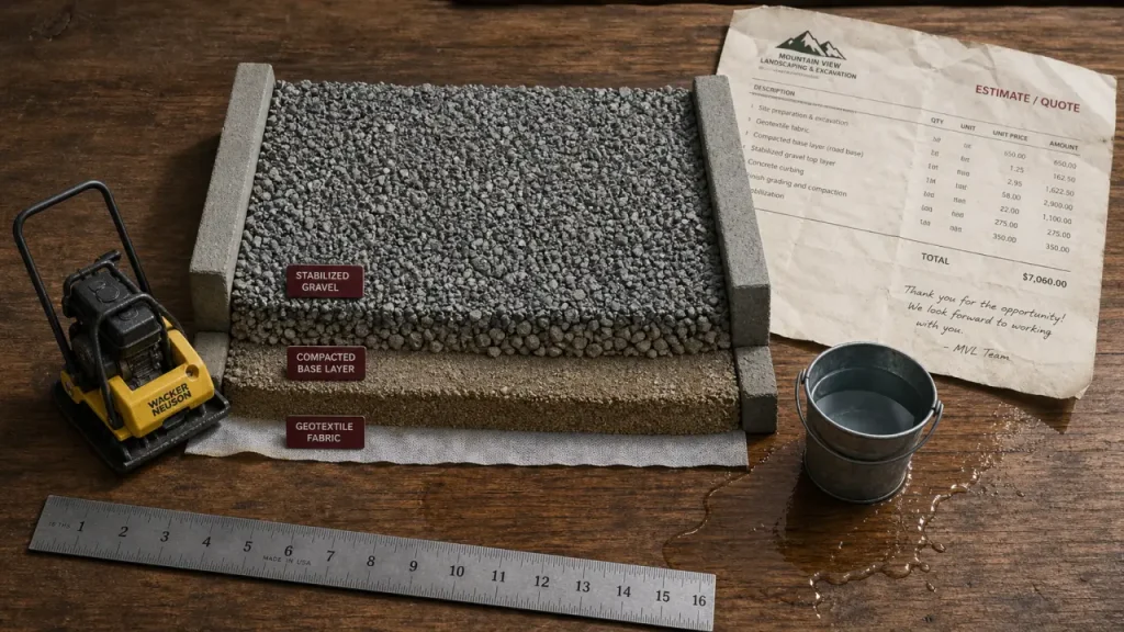 Allée carrossable pas chere : gravier, fondation compactée, géotextile