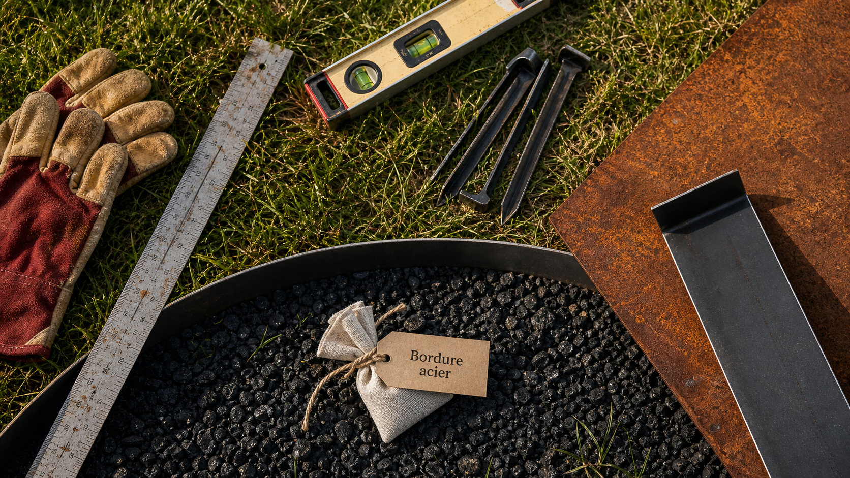 Bordure de jardin en metal en acier Corten sur pelouse
