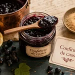 Confiture de cassis maison dans un pot en verre fumé, avec baies fraîches