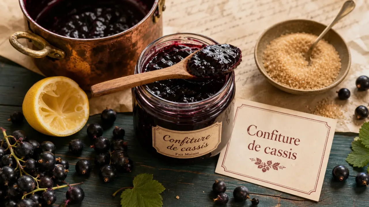Confiture de cassis maison dans un pot en verre fumé, avec baies fraîches